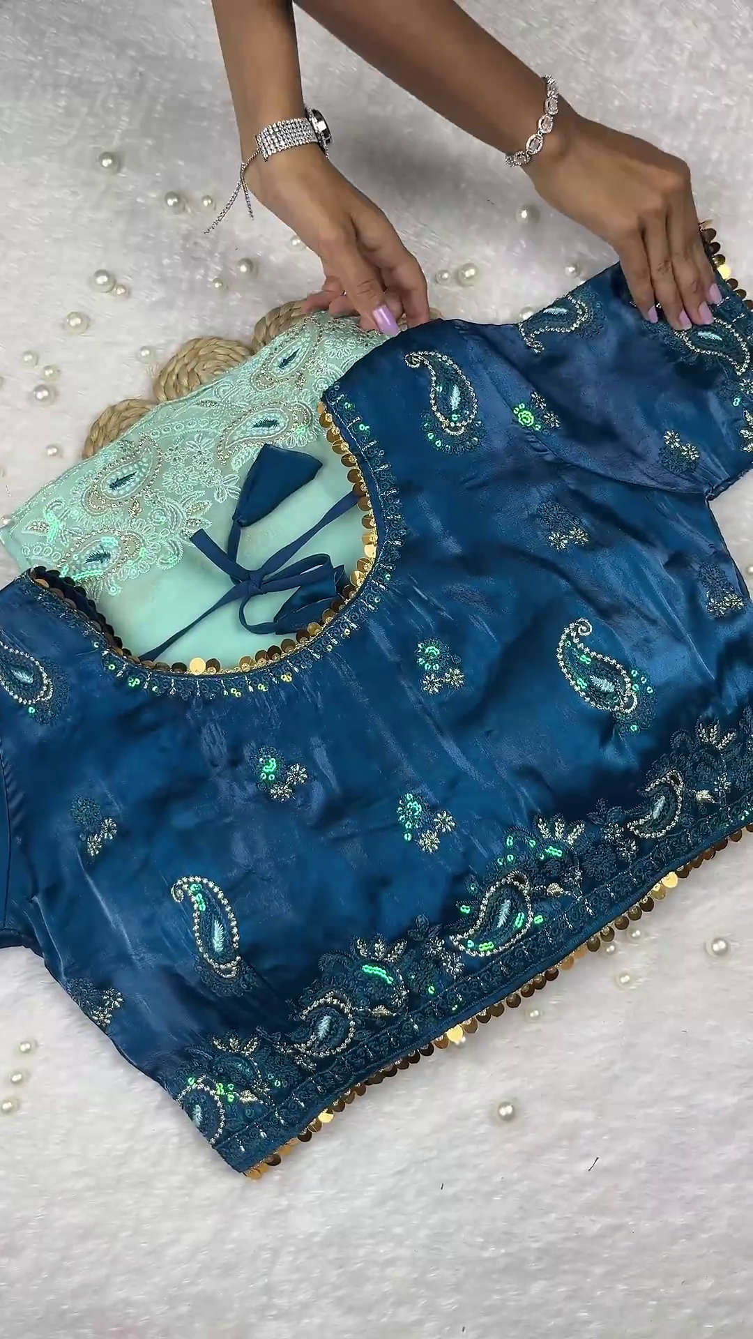 Peacock Blue Heavy Embroidered Designer Blouse with Coin Border - Image 3