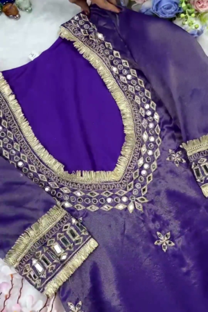 Regal Indigo Violet Mirror-Work Designer Kurti with Fringe Detailing