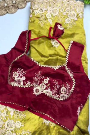 Royal Maroon Heavy Embroidered Designer Blouse with Olive Green Saree Set