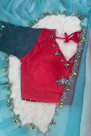 Radiant Sunset Coral Designer Blouse with Ombre Saree Set