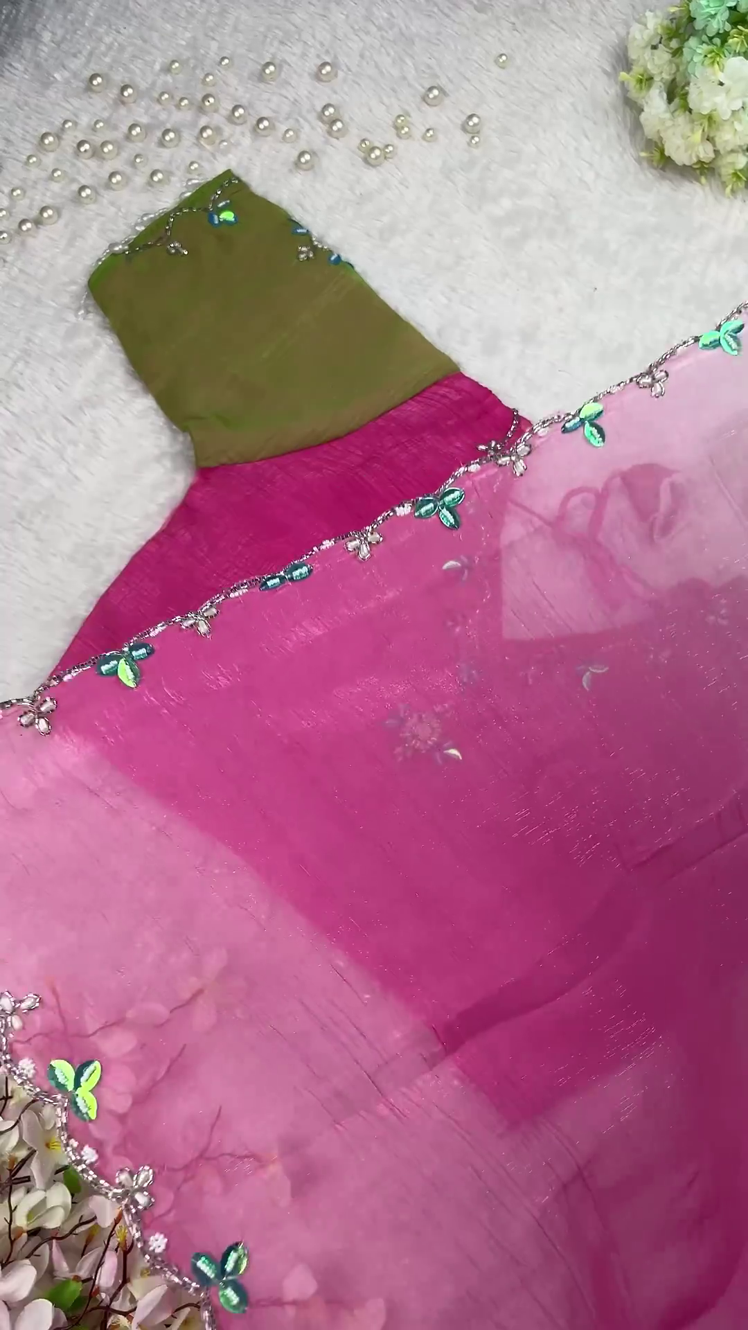 Radiant Sunset Coral Designer Blouse with Ombre Saree Set - Image 4