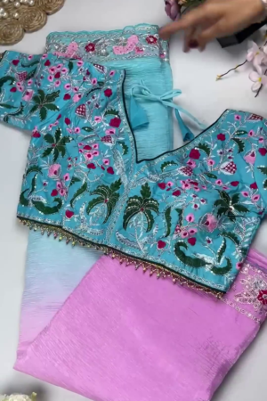 Azure Garden Embroidered Blouse with Ombre Lilac Saree Set