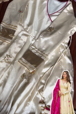 Lustrous Ivory Angrakha Anarkali with Bandhani Contrast Dupatta