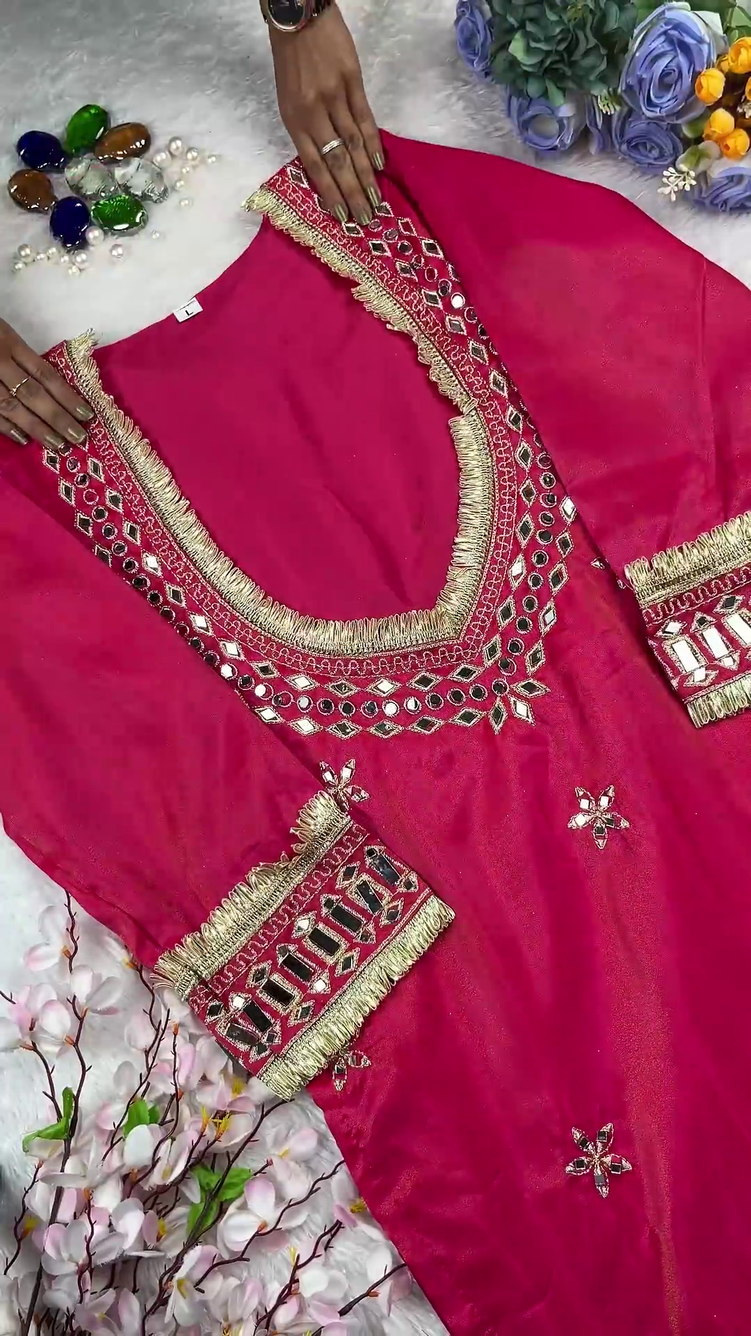 Vibrant Rani Pink Silk Anarkali with Heavy Mirror Artistry