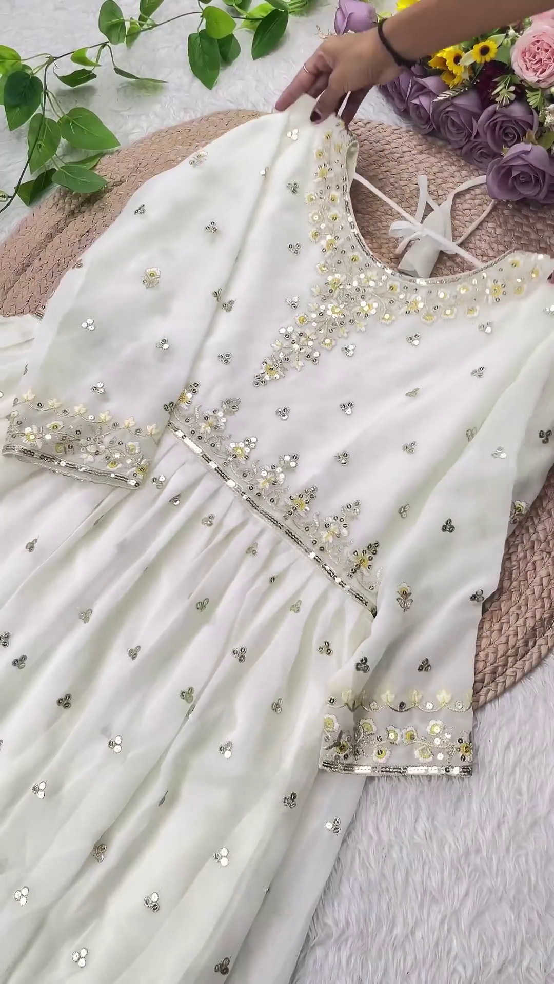 Ethereal White Anarkali with Mustard Floral Highlights