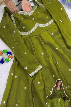 Regal Olive Green Scalloped Anarkali Gown