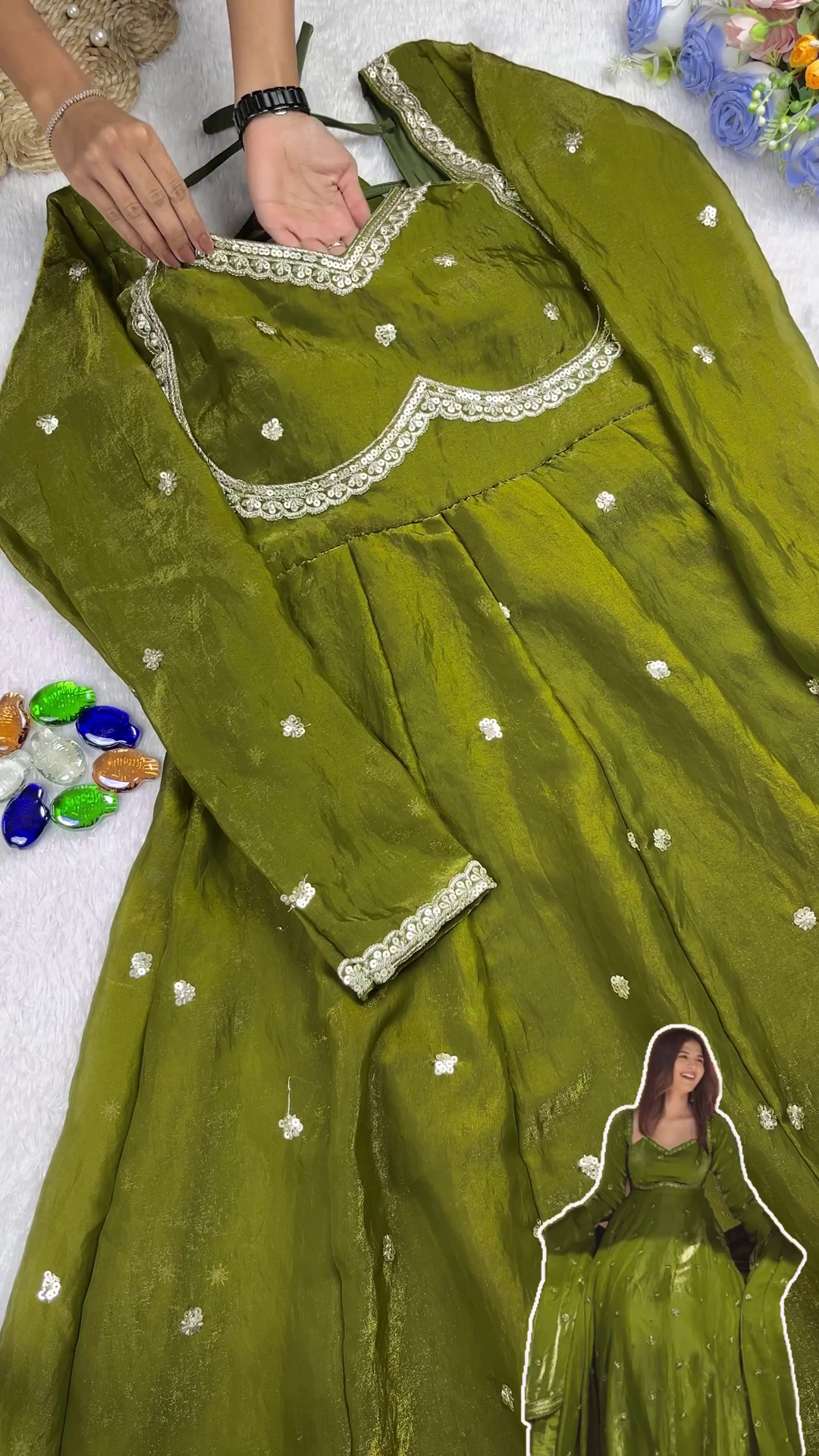 Regal Olive Green Scalloped Anarkali Gown