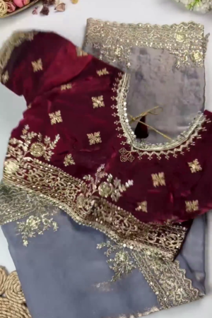 Royal Burgundy Velvet Blouse & Slate Grey Saree Set