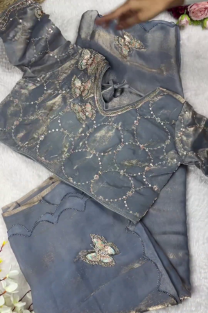 Slate Grey Butterfly Artistry Saree Set