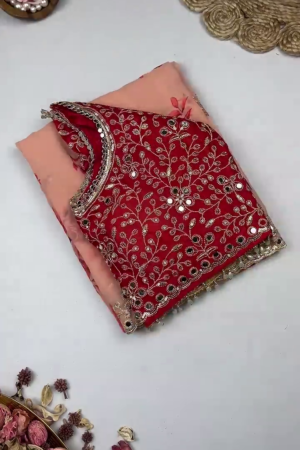 Peach Blossom Saree with Scalloped Mirror-Work Border