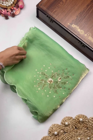 Mint Green Shimmer Silk Saree with Scalloped Zari and Sequin Accents