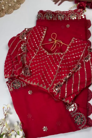 Georgette Saree Set with Hand-Embroidered Mirror-Work Floral Border