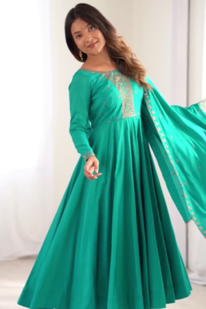Emerald Teal Silk Anarkali Set with Intricate Zari and Threadwork Bodice