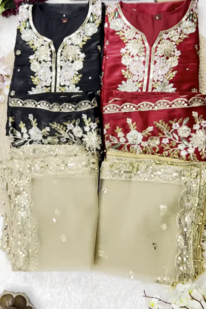 Exquisite Organza Silk Suit with Hand-Embroidered Floral Neckline and Scalloped Borders