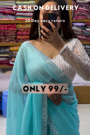 Aquamarine Glitz: Sequined Blouse & Georgette Saree Set