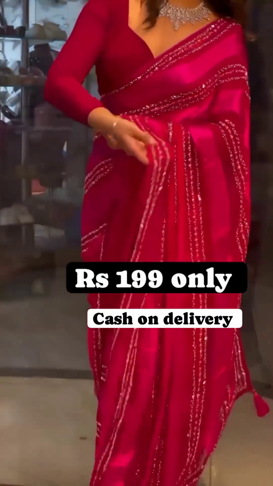 Magenta Radiance: Sequined Striped Satin-Sark Saree Set - Image 5