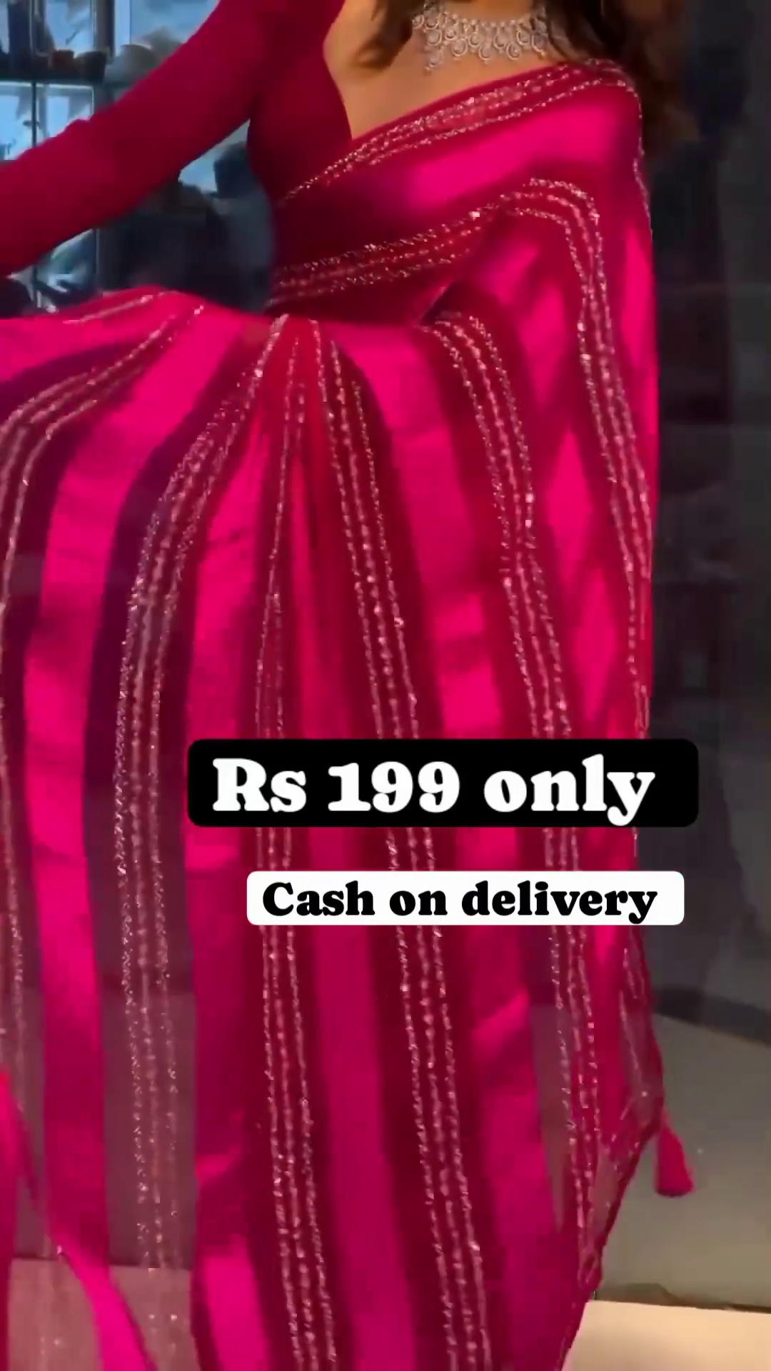 Magenta Radiance: Sequined Striped Satin-Sark Saree Set - Image 4