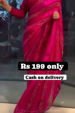 Magenta Radiance: Sequined Striped Satin-Sark Saree Set