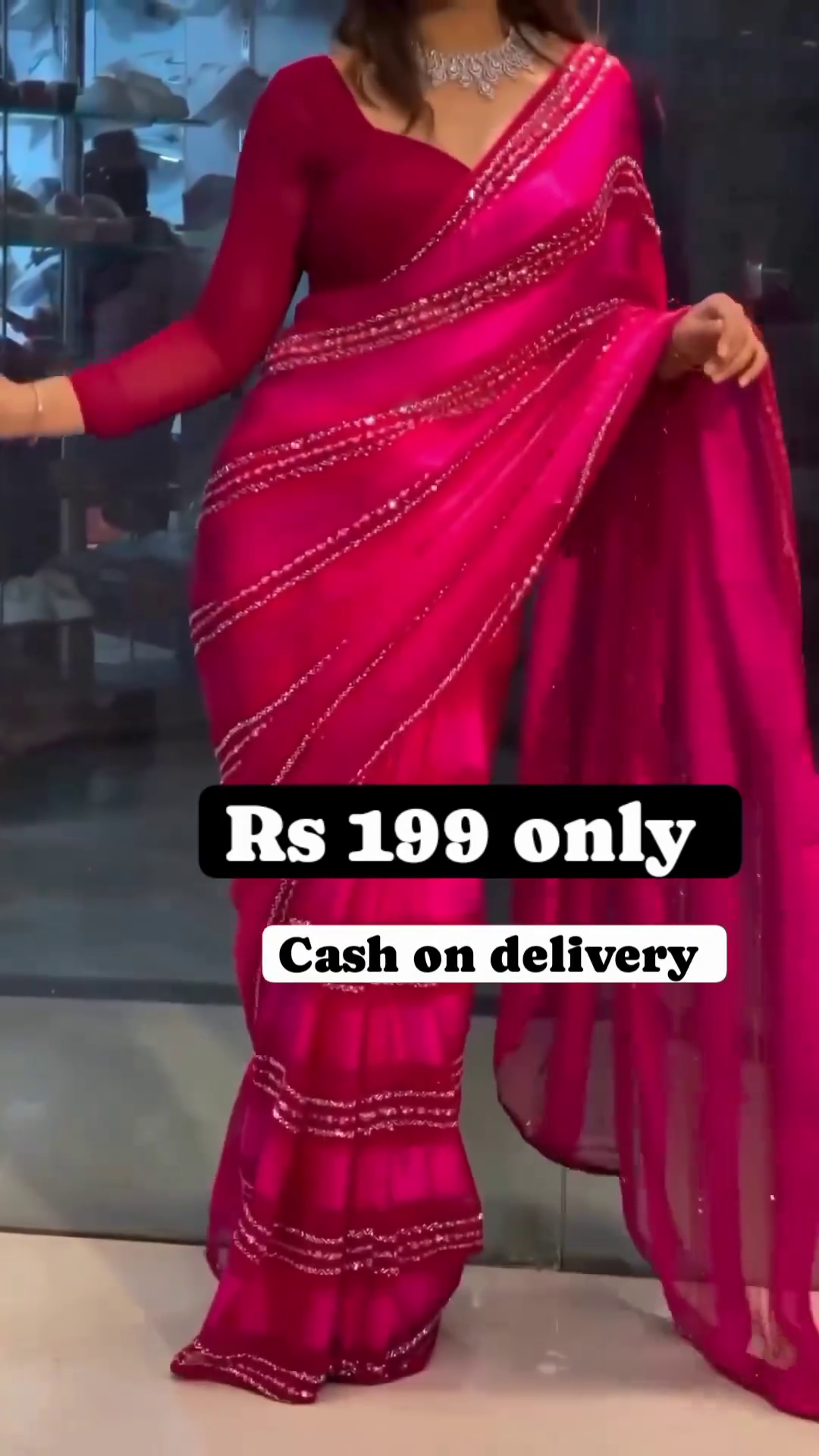 Magenta Radiance: Sequined Striped Satin-Sark Saree Set - Image 2