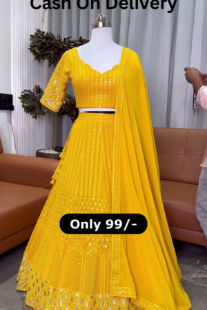 Canary Radiance: Chikankari & Mirror-Work Lehenga Choli Set