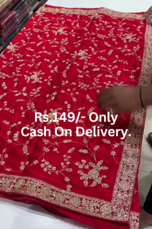 Scarlet Majesty: Intricately Embroidered Zardosi Festive Saree
