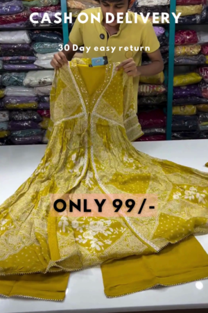 Olive Bloom: Angrakha-Style Printed Anarkali Kurta & Trouser Set