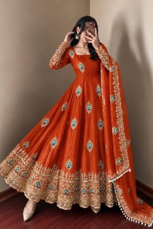 Royal Rust Peacock Anarkali Suit Set with Embroidered Dupatta