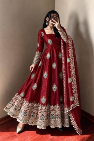 Royal Crimson Red Peacock Anarkali Suit Set with Embroidered Dupatta