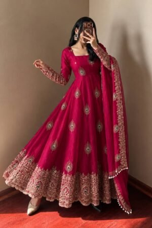 Royal Magenta Pink Peacock Anarkali Suit Set with Embroidered Dupatta