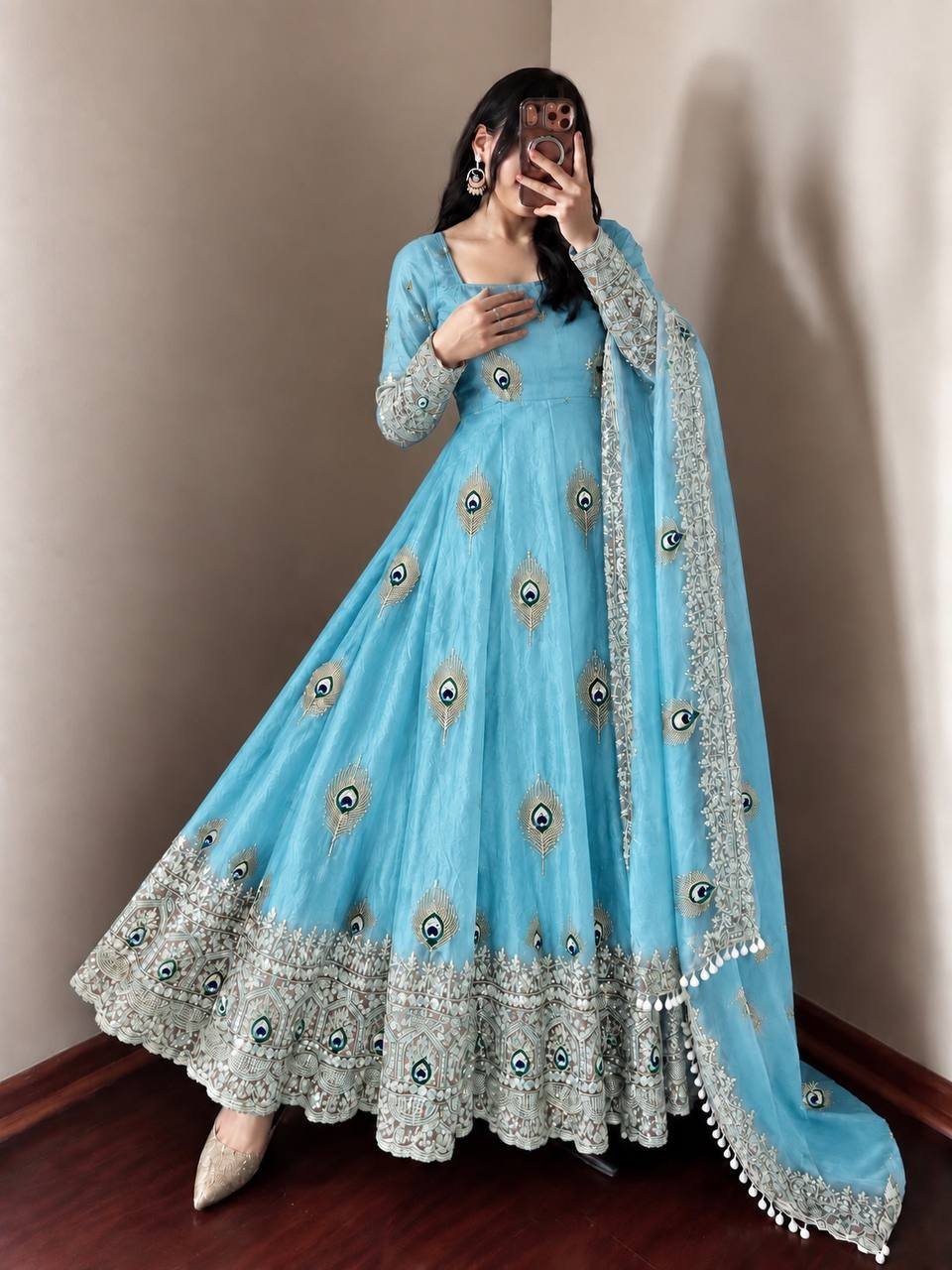 Royal Sky Blue Peacock Anarkali Suit Set with Embroidered Dupatta - Image 5