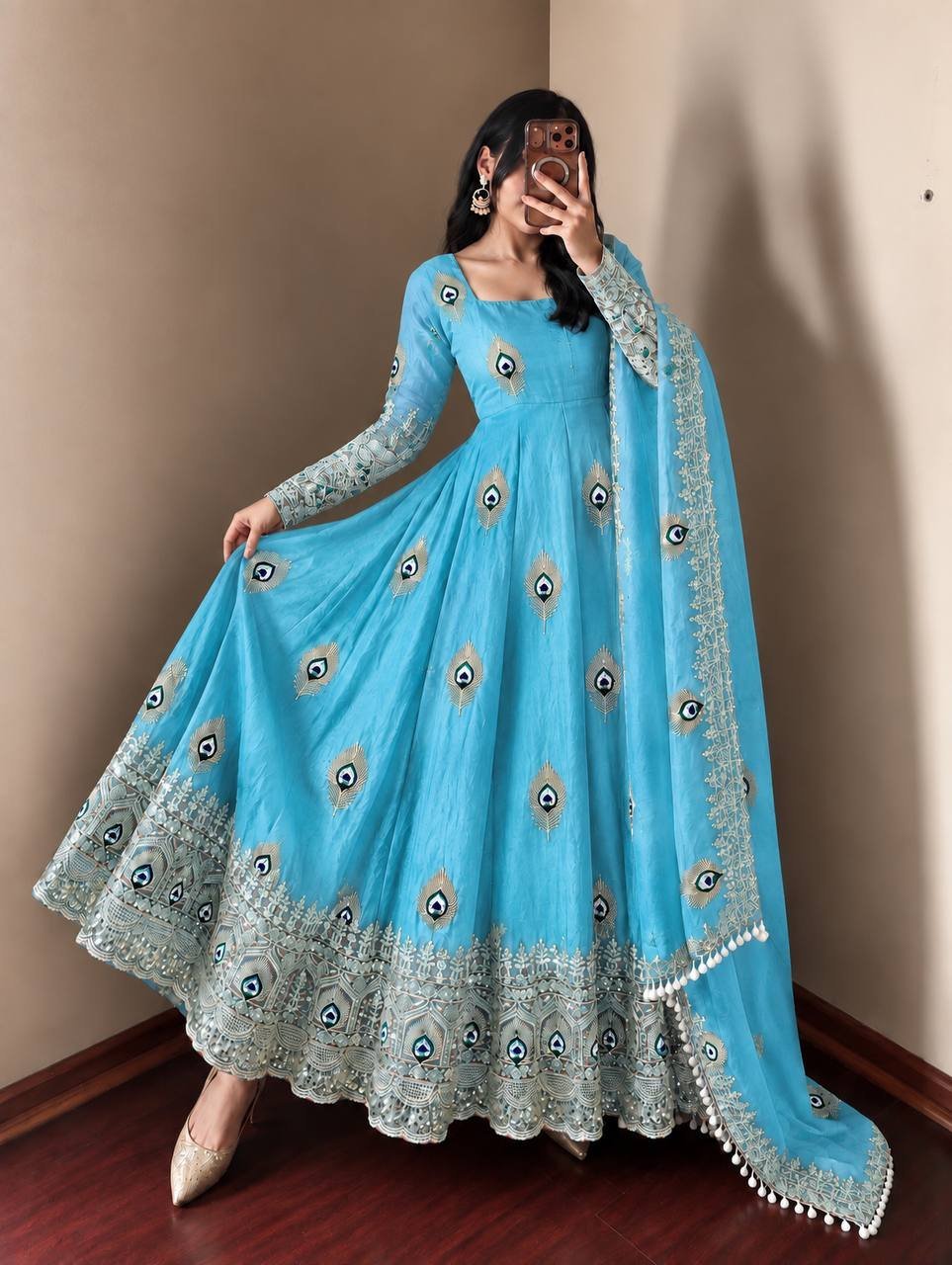 Royal Sky Blue Peacock Anarkali Suit Set with Embroidered Dupatta - Image 4