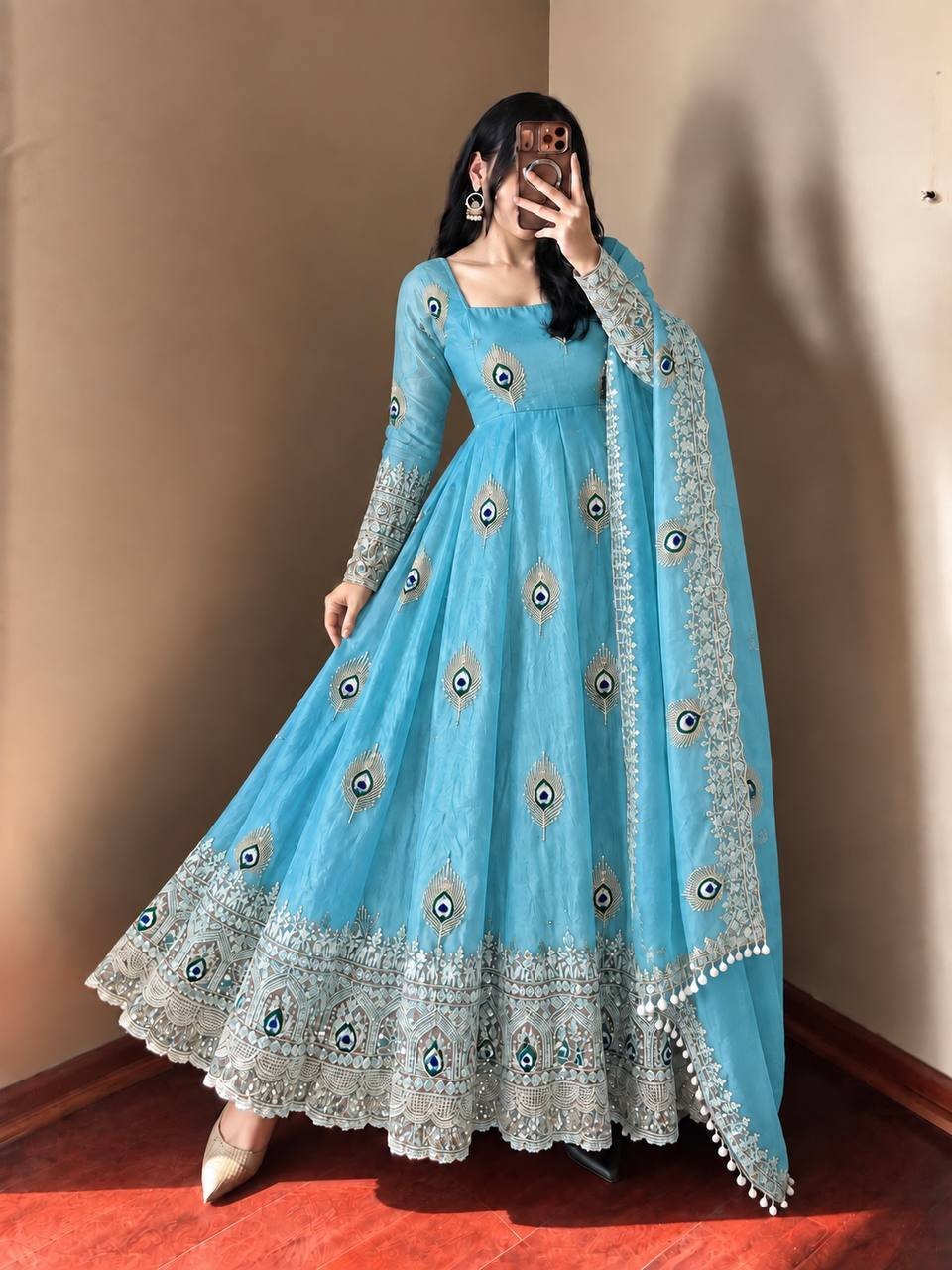 Royal Sky Blue Peacock Anarkali Suit Set with Embroidered Dupatta - Image 3