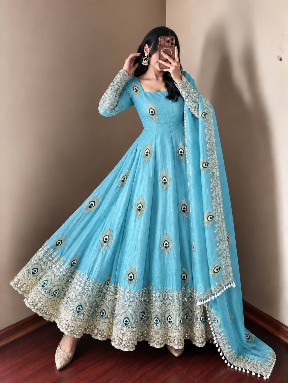 Royal Sky Blue Peacock Anarkali Suit Set with Embroidered Dupatta - Image 2