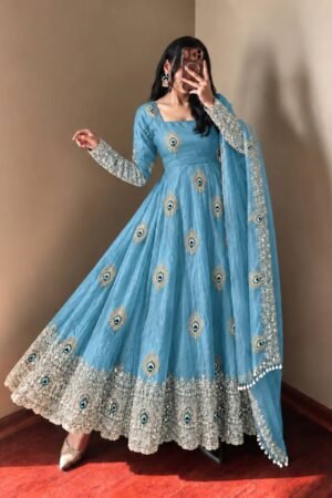 Royal Sky Blue Peacock Anarkali Suit Set with Embroidered Dupatta