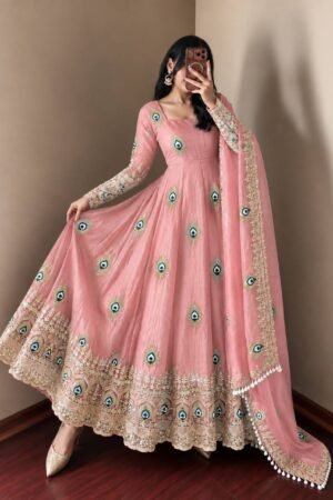 Royal Soft Pink Peacock Anarkali Suit Set with Embroidered Dupatta