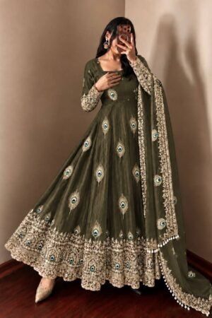 Regal Olive Green Peacock Anarkali Suit Set with Embroidered Dupatta