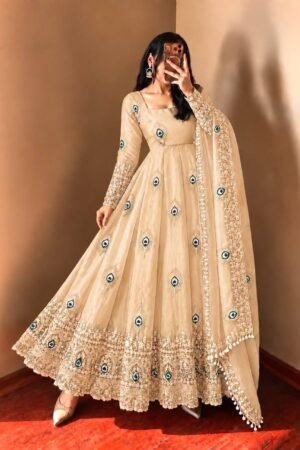Elegant Beige Peacock Anarkali Suit Set with Embroidered Dupatta