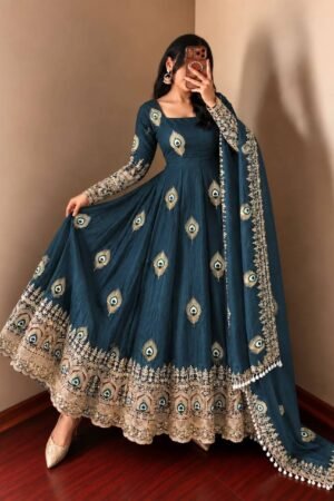 Royal Teal Blue Peacock Anarkali Suit Set with Embroidered Dupatta