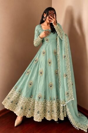 Royal Mint Green Peacock Anarkali Suit Set with Embroidered Dupatta