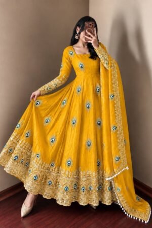 Radiant Mustard Yellow Peacock Anarkali Suit Set with Embroidered Dupatta