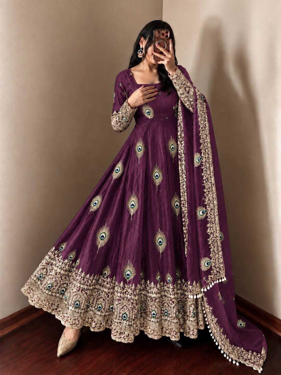 Royal Purple Peacock Anarkali Suit Set with Embroidered Dupatta - Image 5