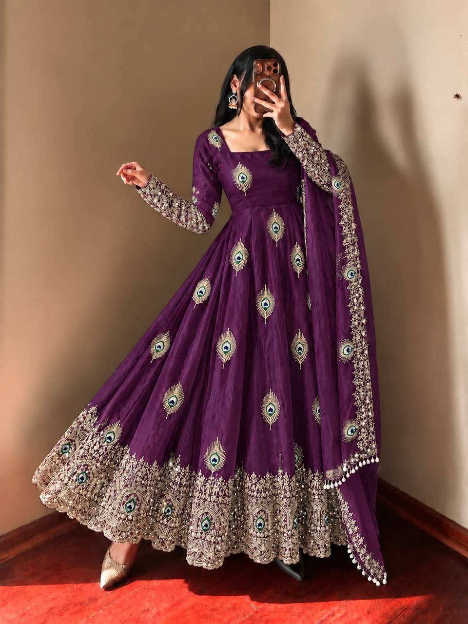 Royal Purple Peacock Anarkali Suit Set with Embroidered Dupatta - Image 4