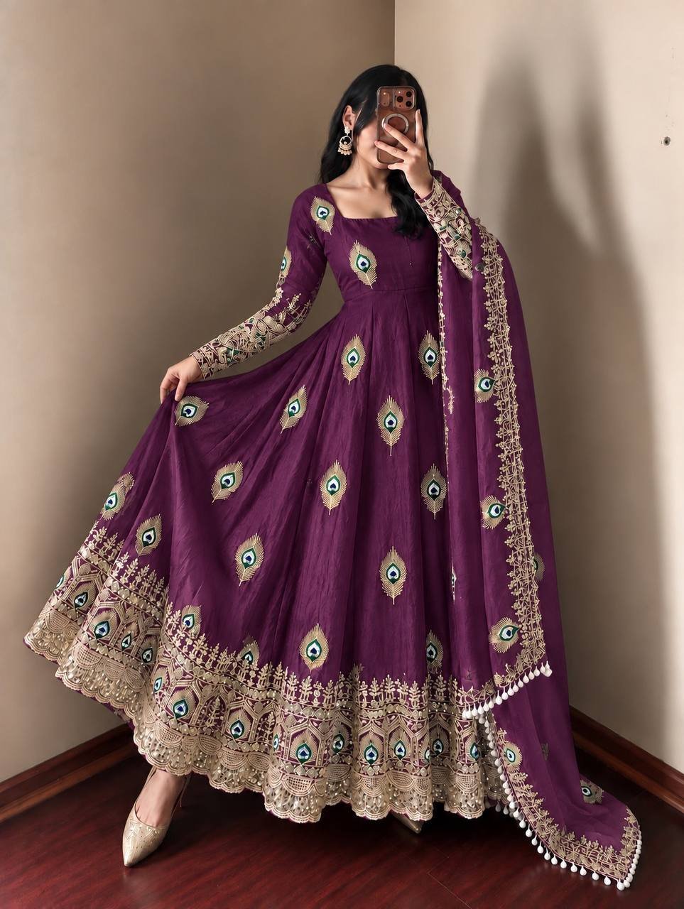 Royal Purple Peacock Anarkali Suit Set with Embroidered Dupatta - Image 3