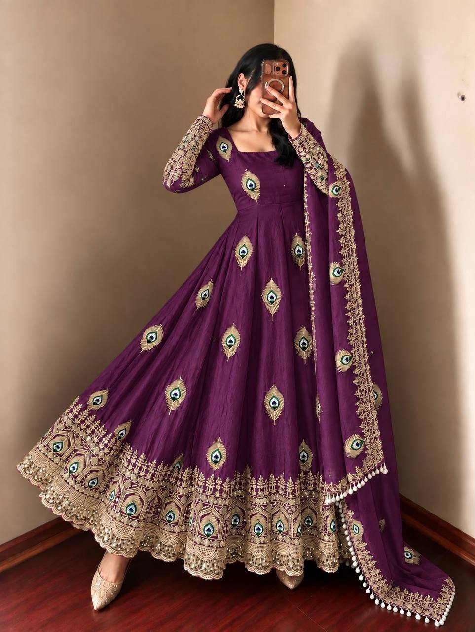 Royal Purple Peacock Anarkali Suit Set with Embroidered Dupatta - Image 2
