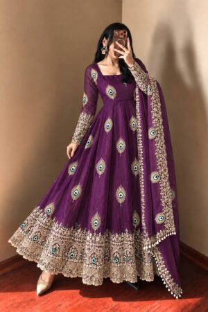 Royal Purple Peacock Anarkali Suit Set with Embroidered Dupatta