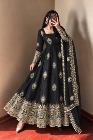 Royal Jet Black Peacock Anarkali Suit Set with Embroidered Dupatta