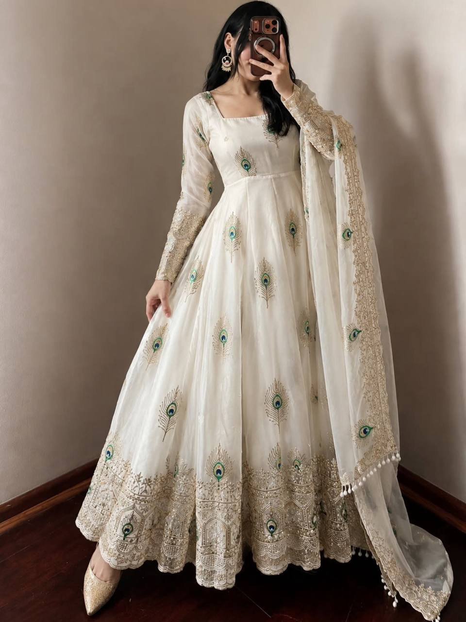 Pristine Off-White Peacock Anarkali Suit Set with Embroidered Dupatta - Image 4
