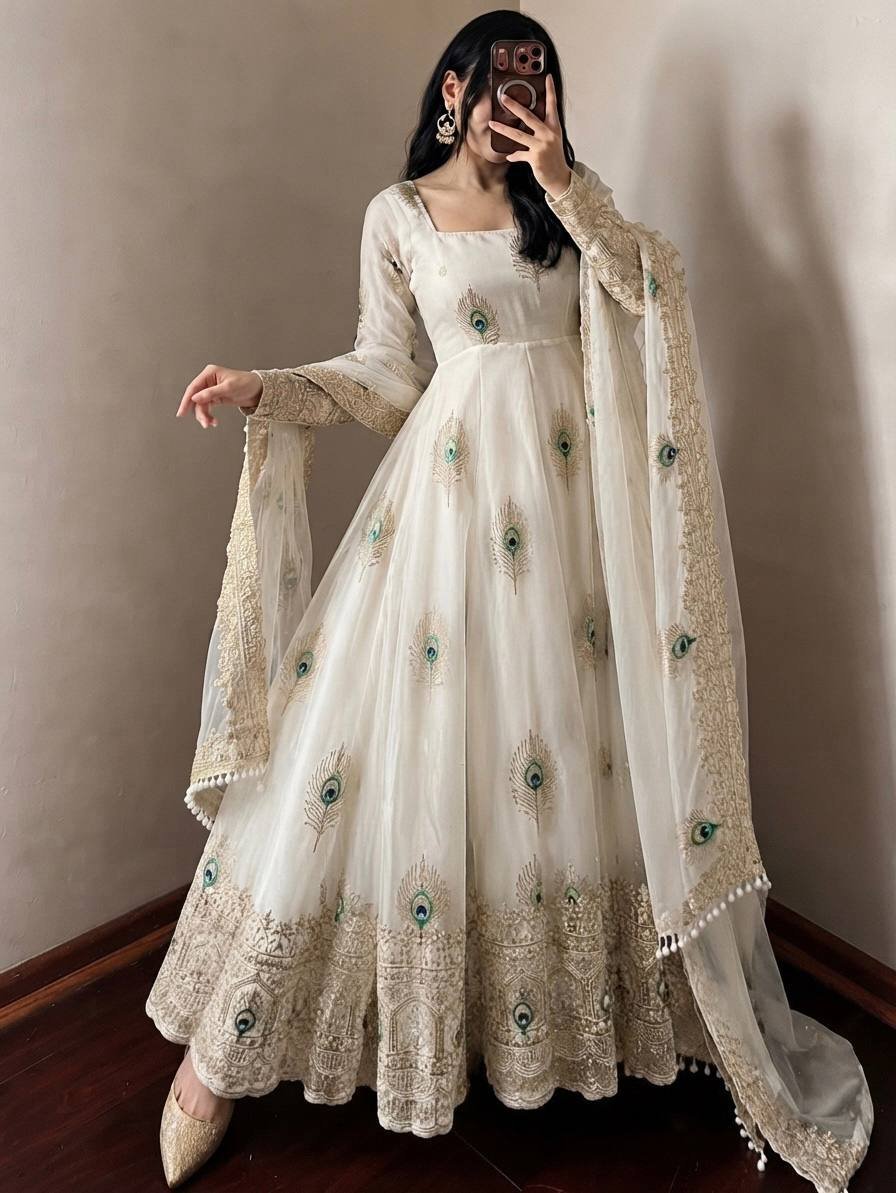 Pristine Off-White Peacock Anarkali Suit Set with Embroidered Dupatta - Image 3