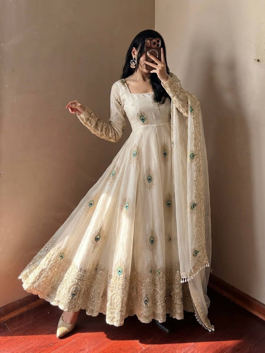 Pristine Off-White Peacock Anarkali Suit Set with Embroidered Dupatta - Image 2