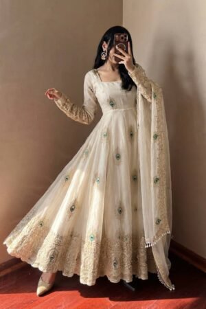 Pristine Off-White Peacock Anarkali Suit Set with Embroidered Dupatta